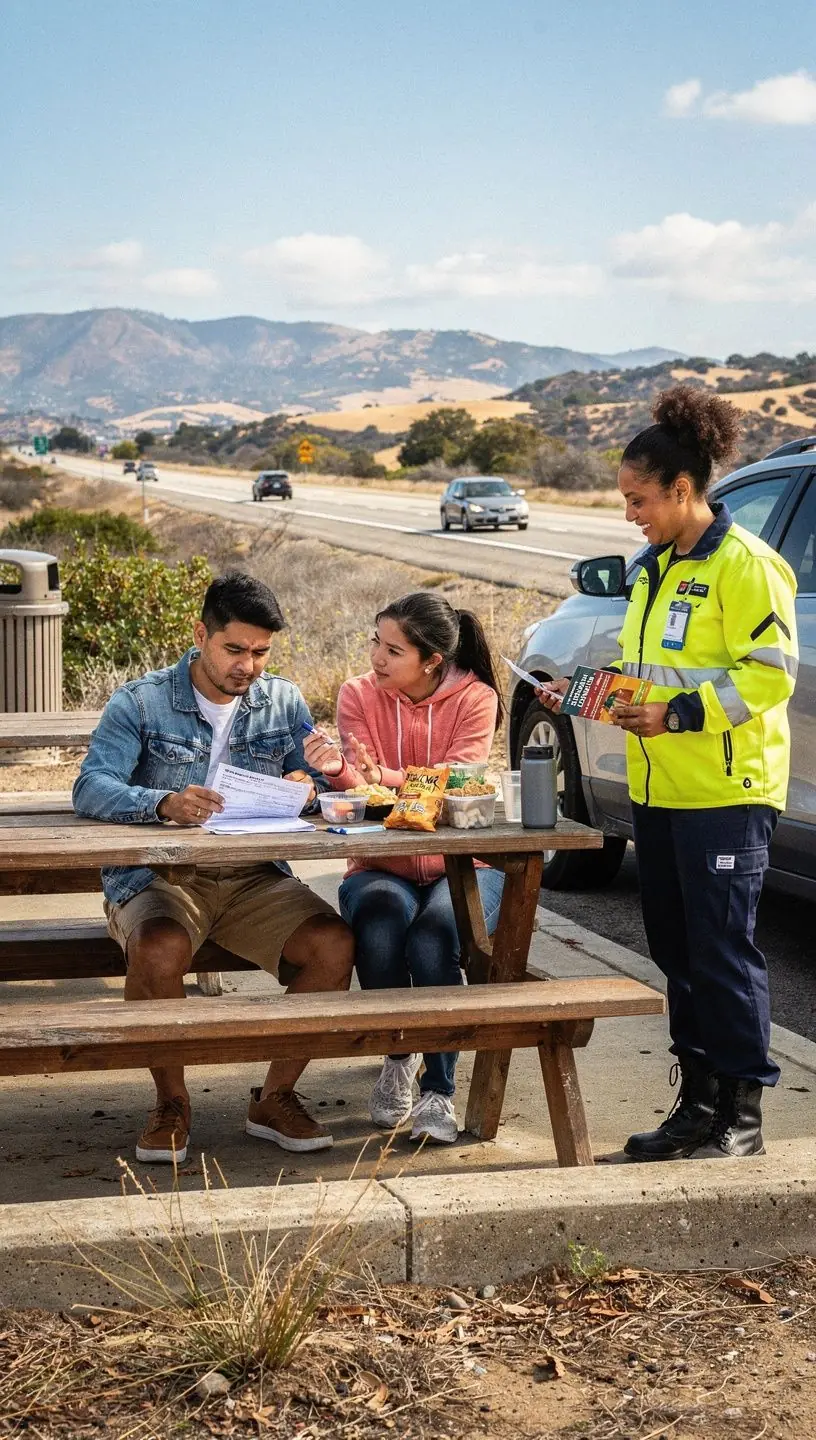 Сцена с помощью на дороге, показывающая поддержку для водителей в экстренных ситуациях.