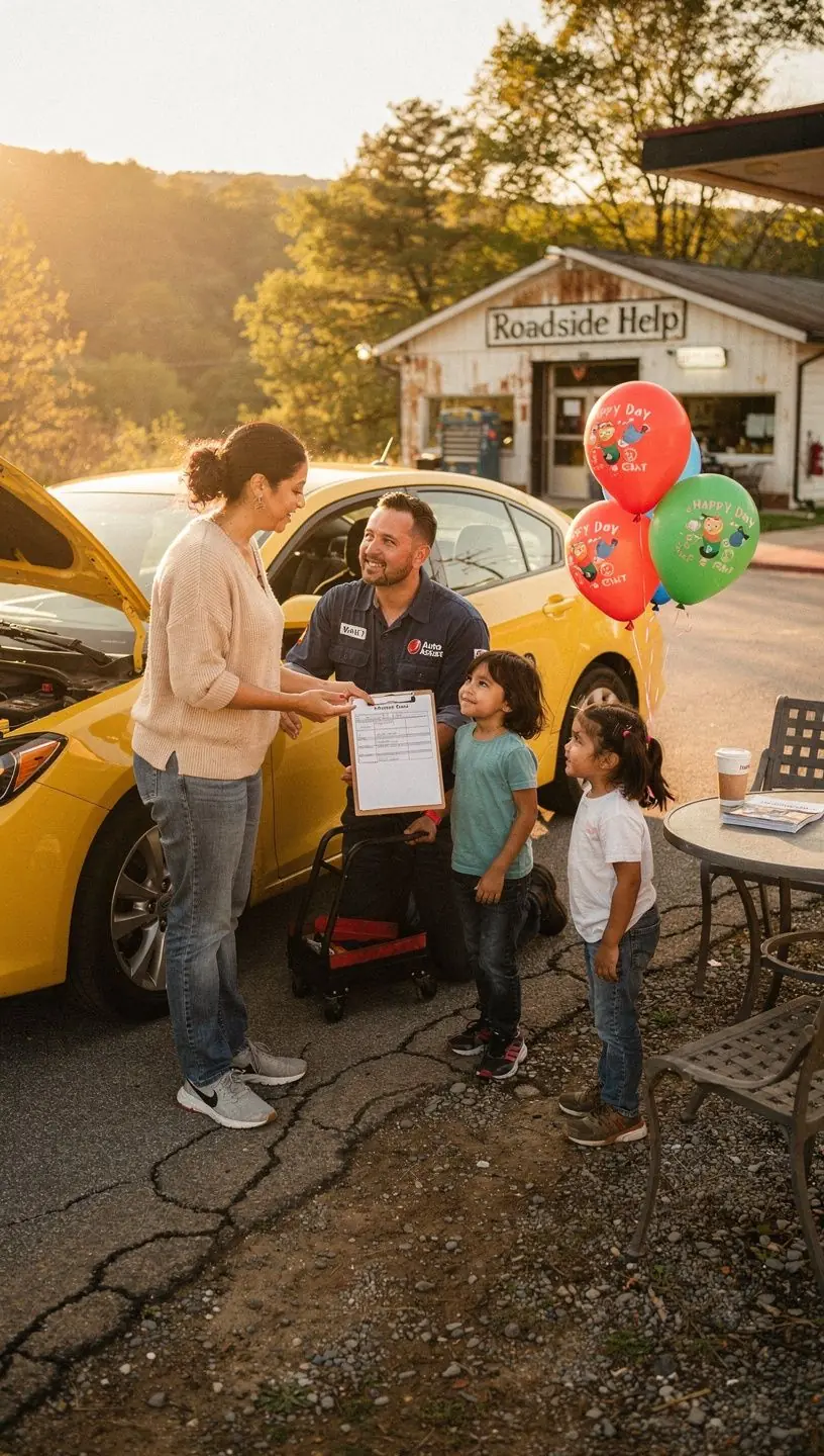 Дорожная помощь с изображением механика, помогающего водителю на трассе.